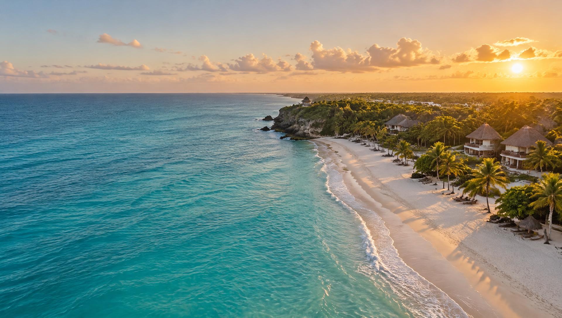 Vista aérea de una playa de arena blanca y mar turquesa en la Riviera Maya al atardecer
